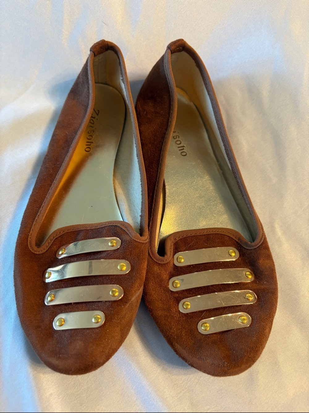 Zigi Soho Brown Suede Flats with Gold Accent Bars
